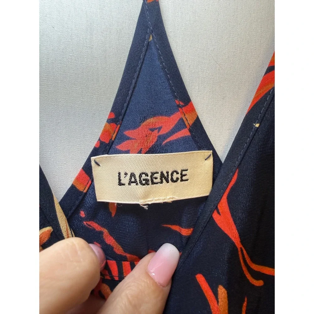 L'AGENCE Jane Silk Cami Tank Top Navy Blue Orange Wheat Floral Print Medium